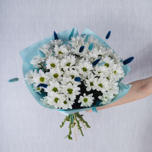 Букет 7 кустовых хризантем с лагурусом 35810