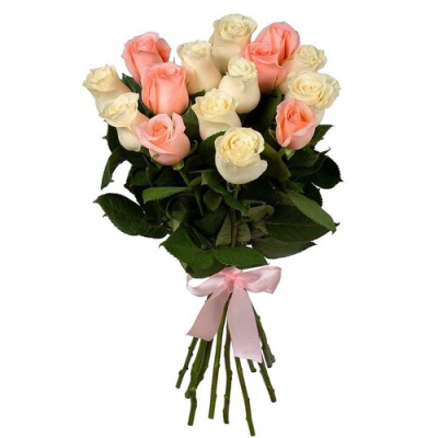 Букет из 15 белых и персиковых роз 60см